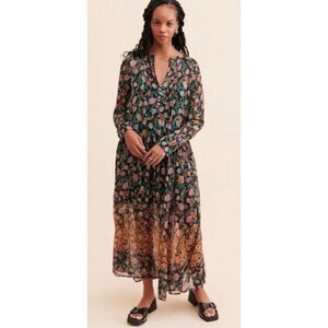 Free People See It Through Dress boho floral sheer maxi | black multi | Medium